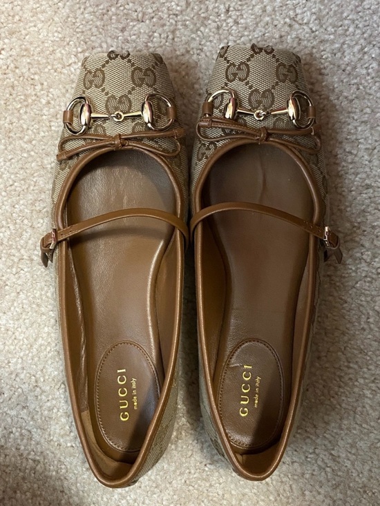 Gucci Shoes - Gucci Beige & Tan GG Canvas Ballet Flat with Gold Horsebit